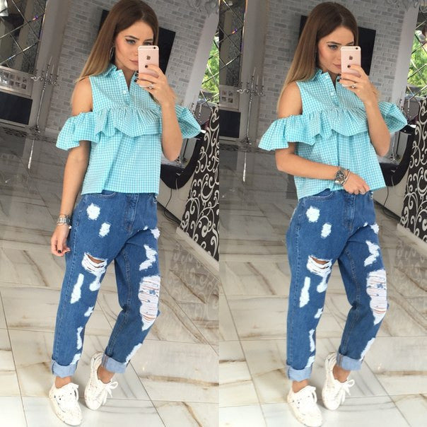 Online discount shop Australia - Elegant Sexy Ruffles Off Shoulder Top Women Blouse Shirts Blue White Stripe Female Cool Blouses Casual