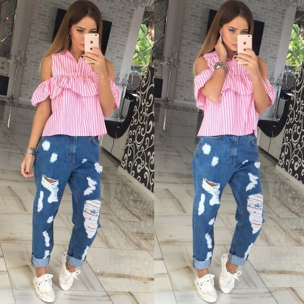 Online discount shop Australia - Elegant Sexy Ruffles Off Shoulder Top Women Blouse Shirts Blue White Stripe Female Cool Blouses Casual
