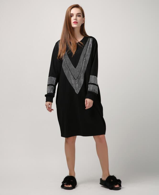 Online discount shop Australia - Autumn Long Sleeve Loose Dress Women V Figure Sparkling Diamond Black Color New Fashion Clothing