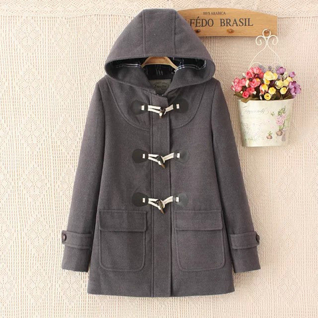 Online discount shop Australia - Duffle Coat Long Turn Down Horn Button Hooded Collar Woolen Overcoat Wide Waisted manteau  Out Wear   coats