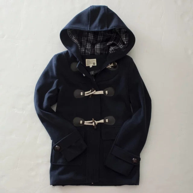 Online discount shop Australia - Duffle Coat Long Turn Down Horn Button Hooded Collar Woolen Overcoat Wide Waisted manteau  Out Wear   coats