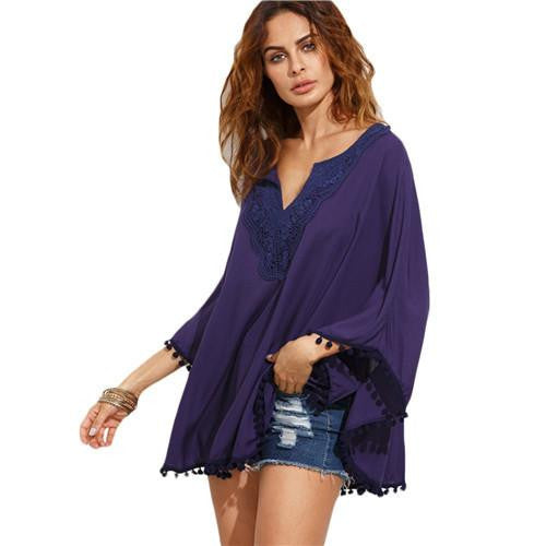Womens Tops VintageV Neck Three Quarter Length Batwing Sleeve Crochet Lace Insert Pom-pom Trim Blouse