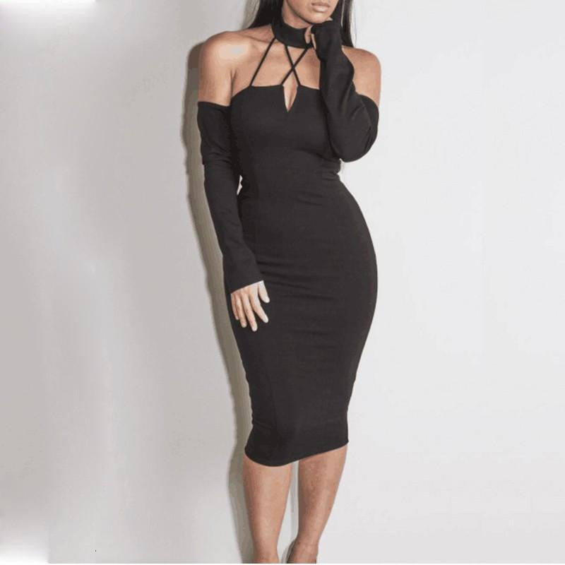 Club Dress Women Summer Long Sleeve Slim Backless Cross Strapless Midi Pencil Bandage Bodycon Party Dresses