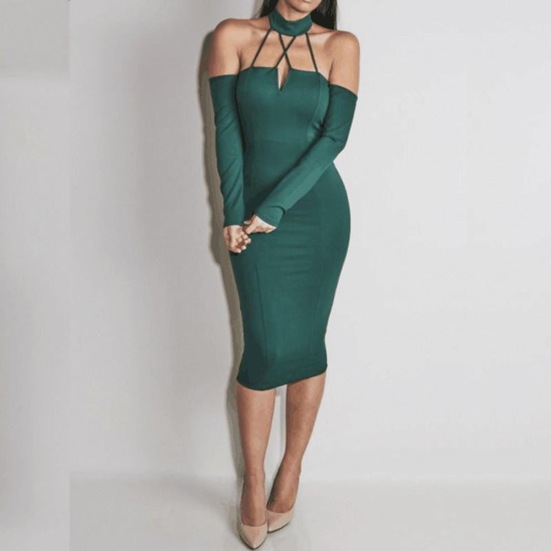 Club Dress Women Summer Long Sleeve Slim Backless Cross Strapless Midi Pencil Bandage Bodycon Party Dresses