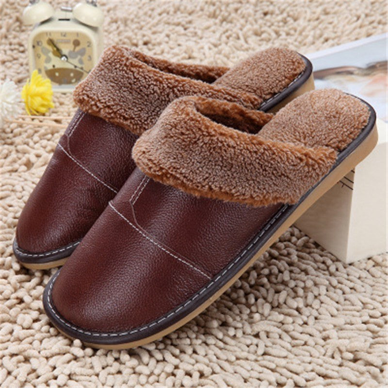 High Quality Winter Warm Home Slippers Couples Genuine Cow Leather Leisure Lamb Wool Cow Muscle Women Men Indoor Floor Slippers - CelebritystyleFashion.com.au online clothing shop australia