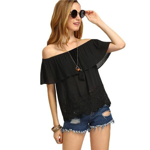 Womens Tops and Blouses For Fashion Plain Black Short Sleeve Off The Shoulder Tassel Blouse