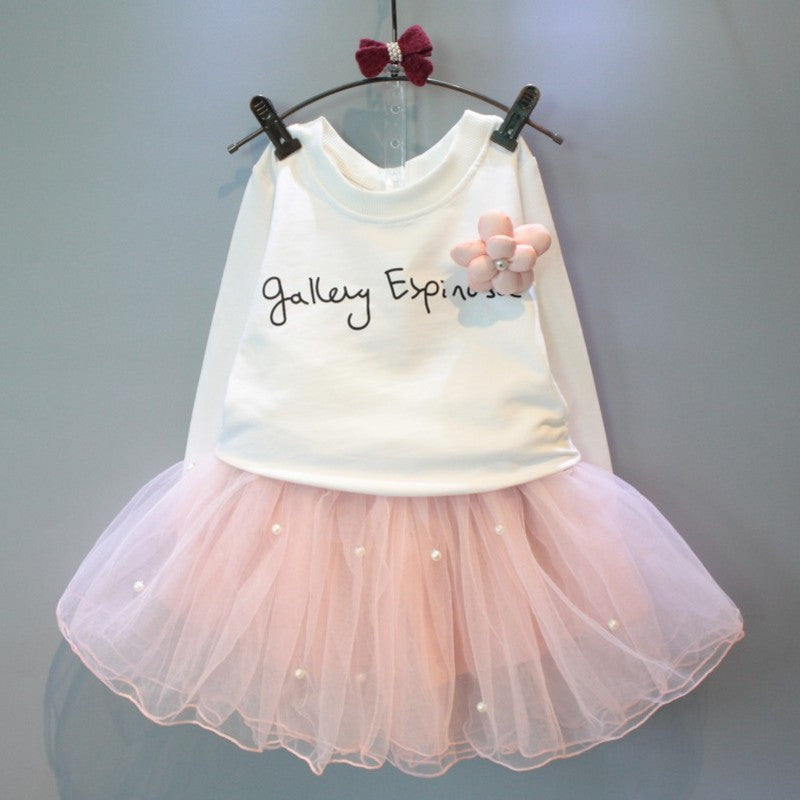 Online discount shop Australia - Girls Dresses New lovely girls white tee shirt and pink dress with rhinestone clothes set kids autmn children clothing set