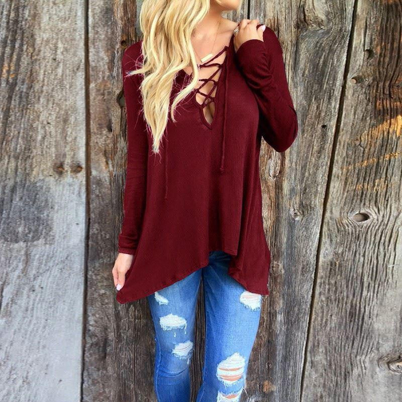 Women Long Sleeve Casual Blouses V Neck Asymmetric Hooded Blouse Plus Size Tops