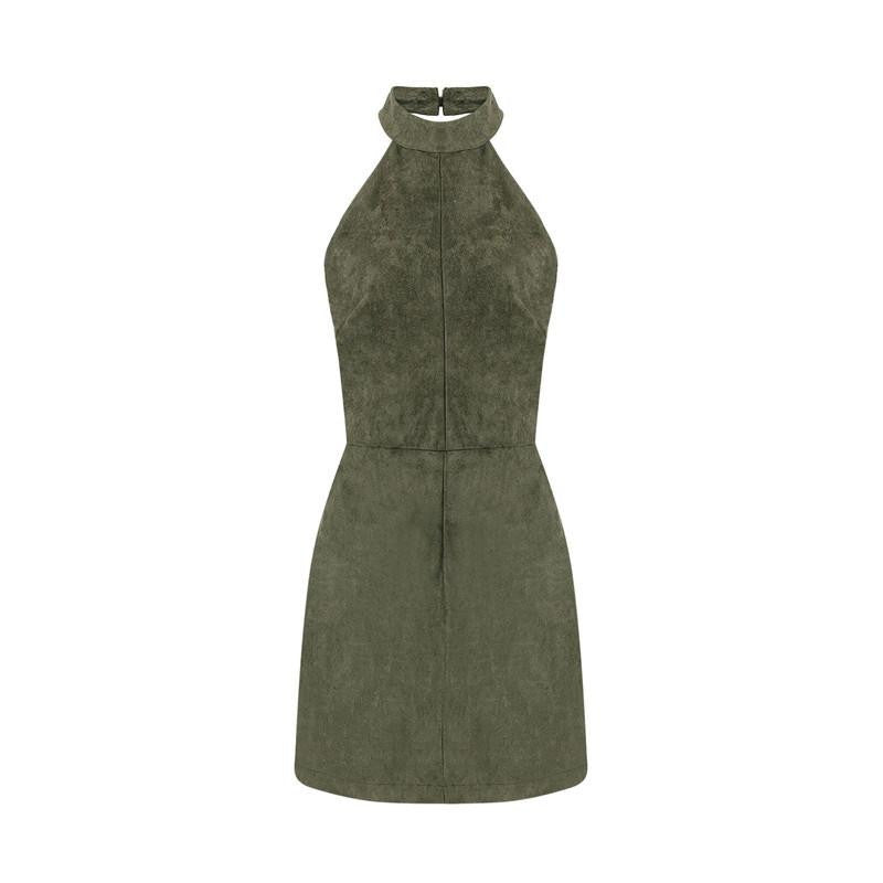 YOINS Summer Style Fashion Women Suede Dress Halter Neck Off Shoulder Sleeveless Mini Dress Backless Dress Vestidos