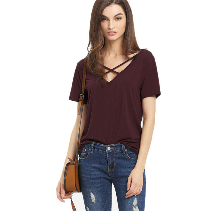 Online discount shop Australia - Dotfashion Female Loose Tops Women Casual Tees Criss Cross Front Short Sleeve V Neck Hollow Out T-shirt