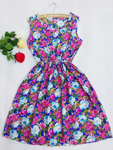 Women casual Bohemian floral flaky clouds sleeveless vest printed beach chiffon dress