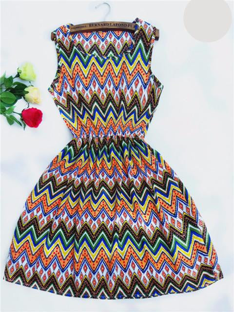 Women casual Bohemian floral flaky clouds sleeveless vest printed beach chiffon dress