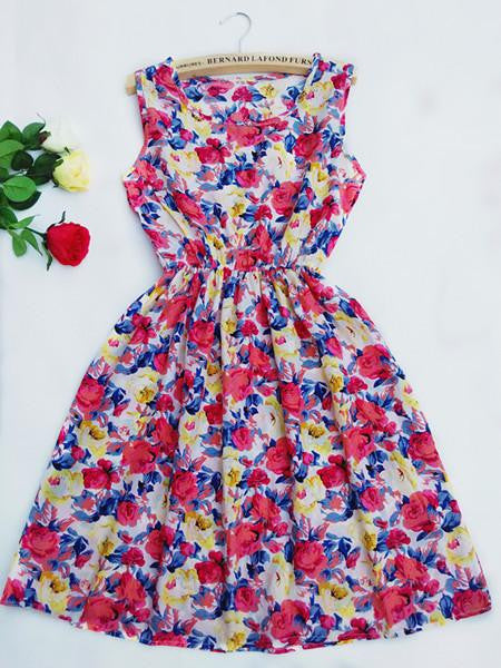 Women casual Bohemian floral flaky clouds sleeveless vest printed beach chiffon dress