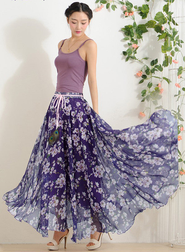 Online discount shop Australia - Elegant Fancy Flower Print Skirt Long Women Fashion Peacock Feather Elastic Waist Ultra-long Big Bottom Full Chiffon Skirt
