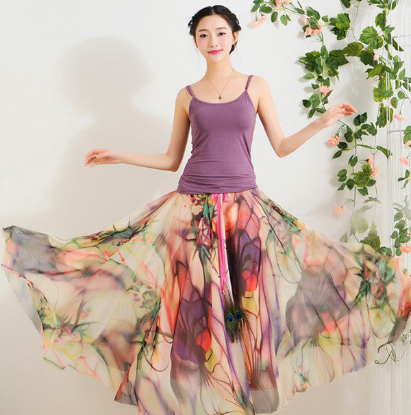 Online discount shop Australia - Elegant Fancy Flower Print Skirt Long Women Fashion Peacock Feather Elastic Waist Ultra-long Big Bottom Full Chiffon Skirt