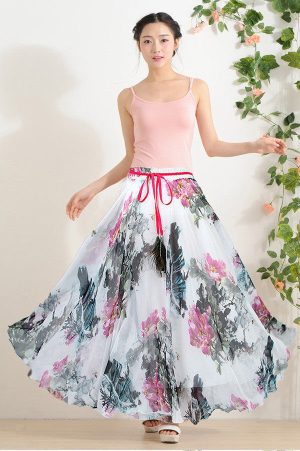 Online discount shop Australia - Elegant Fancy Flower Print Skirt Long Women Fashion Peacock Feather Elastic Waist Ultra-long Big Bottom Full Chiffon Skirt