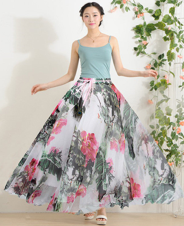 Online discount shop Australia - Elegant Fancy Flower Print Skirt Long Women Fashion Peacock Feather Elastic Waist Ultra-long Big Bottom Full Chiffon Skirt