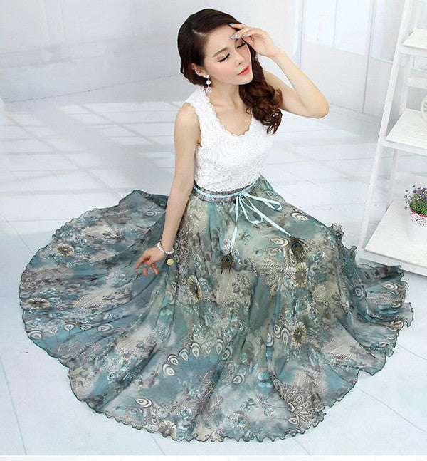 Online discount shop Australia - Elegant Fancy Flower Print Skirt Long Women Fashion Peacock Feather Elastic Waist Ultra-long Big Bottom Full Chiffon Skirt