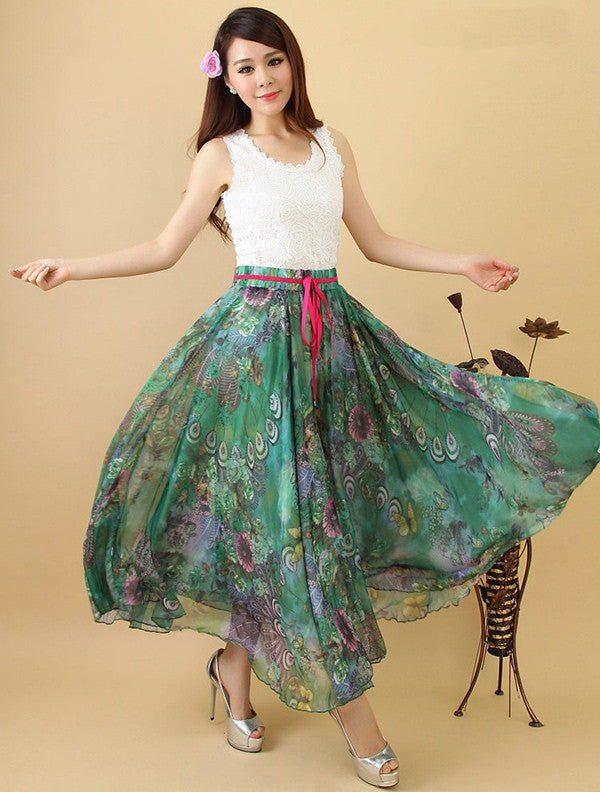 Online discount shop Australia - Elegant Fancy Flower Print Skirt Long Women Fashion Peacock Feather Elastic Waist Ultra-long Big Bottom Full Chiffon Skirt