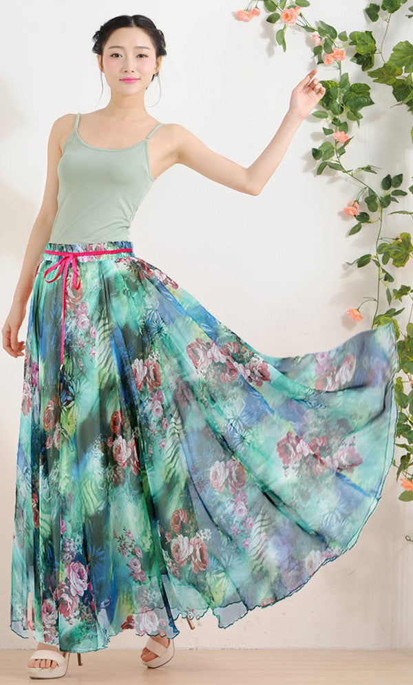 Online discount shop Australia - Elegant Fancy Flower Print Skirt Long Women Fashion Peacock Feather Elastic Waist Ultra-long Big Bottom Full Chiffon Skirt
