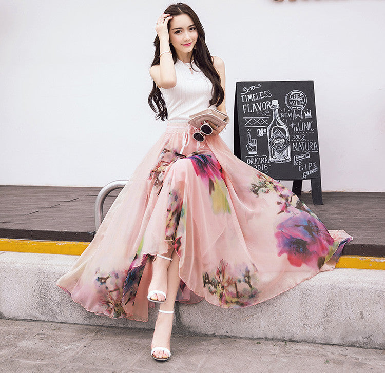 Online discount shop Australia - Elegant Fancy Flower Print Skirt Long Women Fashion Peacock Feather Elastic Waist Ultra-long Big Bottom Full Chiffon Skirt