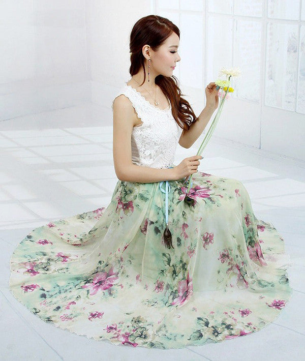 Online discount shop Australia - Elegant Fancy Flower Print Skirt Long Women Fashion Peacock Feather Elastic Waist Ultra-long Big Bottom Full Chiffon Skirt