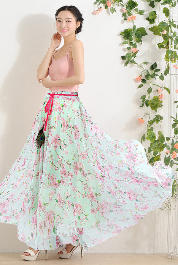 Online discount shop Australia - Elegant Fancy Flower Print Skirt Long Women Fashion Peacock Feather Elastic Waist Ultra-long Big Bottom Full Chiffon Skirt