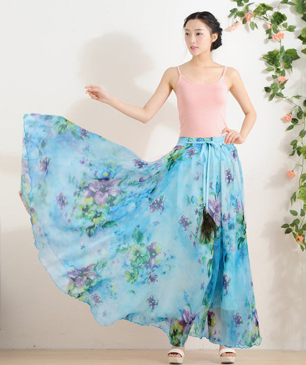 Online discount shop Australia - Elegant Fancy Flower Print Skirt Long Women Fashion Peacock Feather Elastic Waist Ultra-long Big Bottom Full Chiffon Skirt