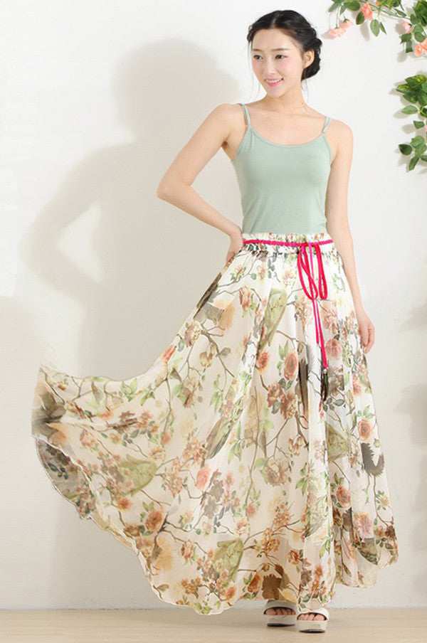 Online discount shop Australia - Elegant Fancy Flower Print Skirt Long Women Fashion Peacock Feather Elastic Waist Ultra-long Big Bottom Full Chiffon Skirt