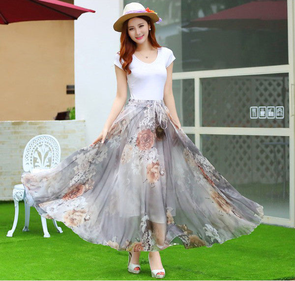 Online discount shop Australia - Elegant Fancy Flower Print Skirt Long Women Fashion Peacock Feather Elastic Waist Ultra-long Big Bottom Full Chiffon Skirt