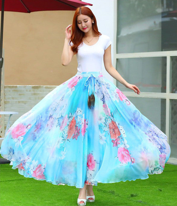 Online discount shop Australia - Elegant Fancy Flower Print Skirt Long Women Fashion Peacock Feather Elastic Waist Ultra-long Big Bottom Full Chiffon Skirt