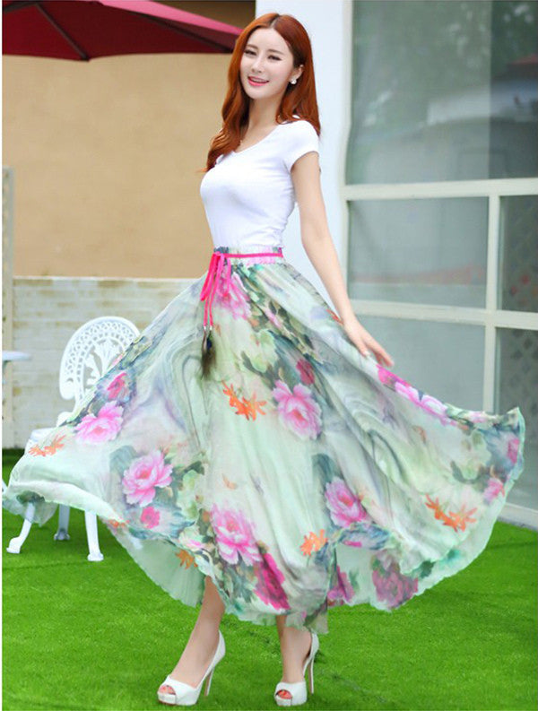 Online discount shop Australia - Elegant Fancy Flower Print Skirt Long Women Fashion Peacock Feather Elastic Waist Ultra-long Big Bottom Full Chiffon Skirt