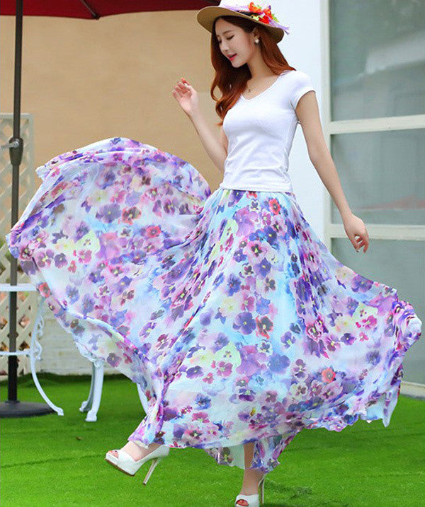 Online discount shop Australia - Elegant Fancy Flower Print Skirt Long Women Fashion Peacock Feather Elastic Waist Ultra-long Big Bottom Full Chiffon Skirt