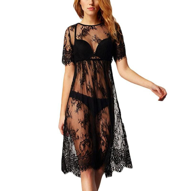 Summer Women Lace See Through Short Sleeve Black Beach Dress Ladies Casual Loose Vestidos