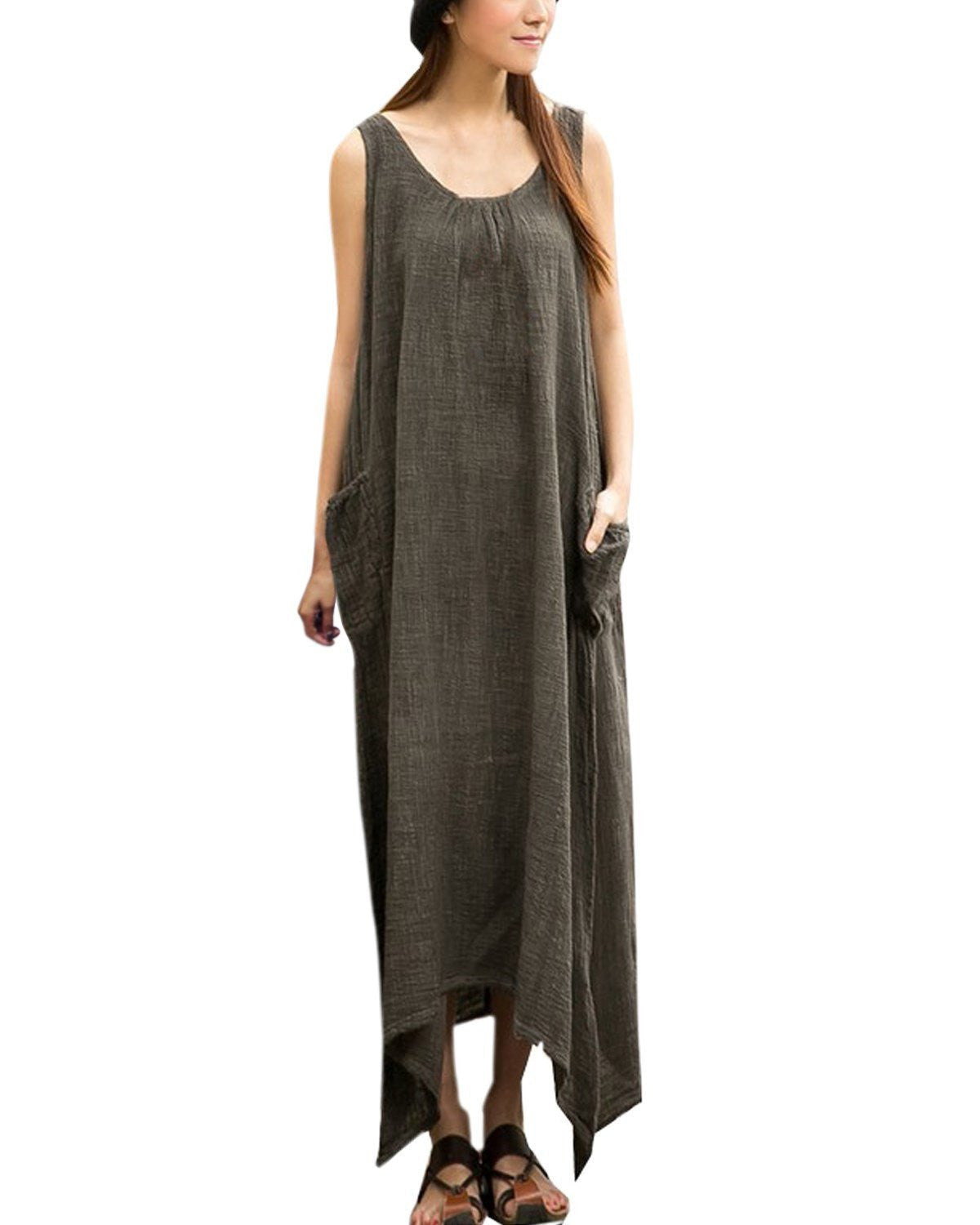Women Casual Loose Sleeveless Long Dress Vintage Pockets Cotton Irregular Maxi Dresses Plus Size Vestidos