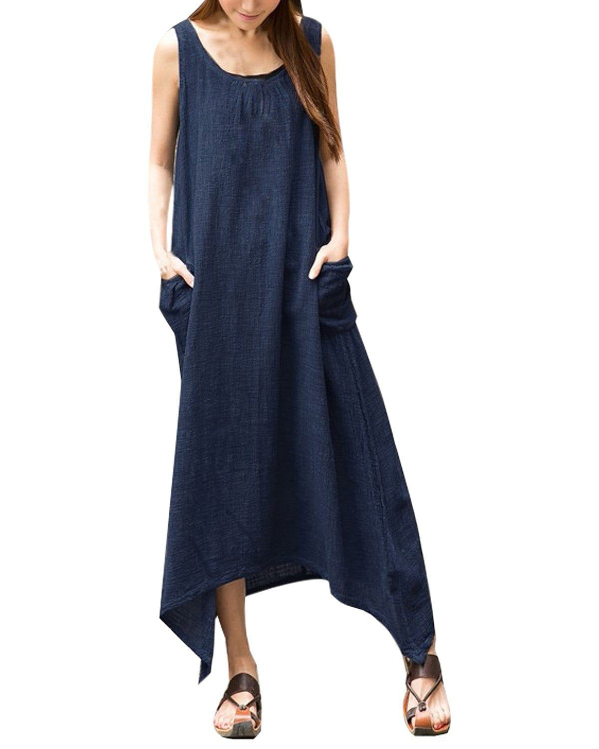 Women Casual Loose Sleeveless Long Dress Vintage Pockets Cotton Irregular Maxi Dresses Plus Size Vestidos
