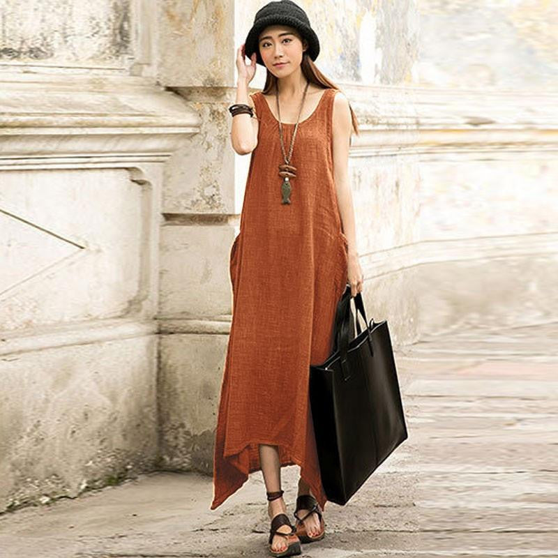 Women Casual Loose Sleeveless Long Dress Vintage Pockets Cotton Irregular Maxi Dresses Plus Size Vestidos