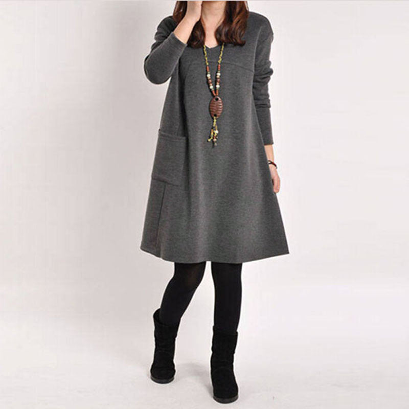 Online discount shop Australia - 5 Color Vestidos Autumn Women Long Sleeve Pockets Dress Ladies Casual Loose Solid V Neck Dresses Plus Size