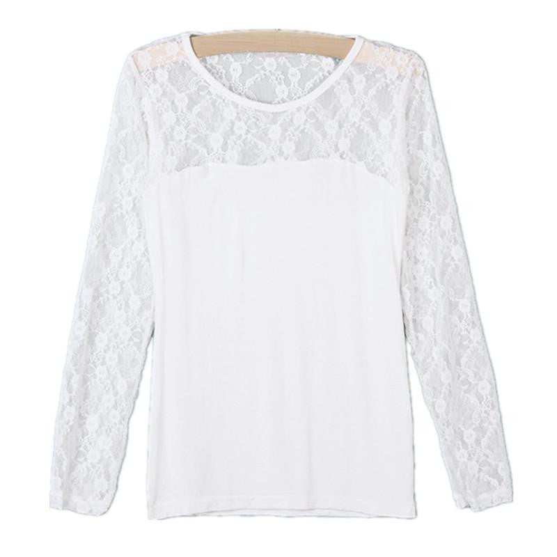 Womens Fashion Slim Shirt Tops Lace Long Sleeve O-Neck Leisure Blouse Black/White S-2XL