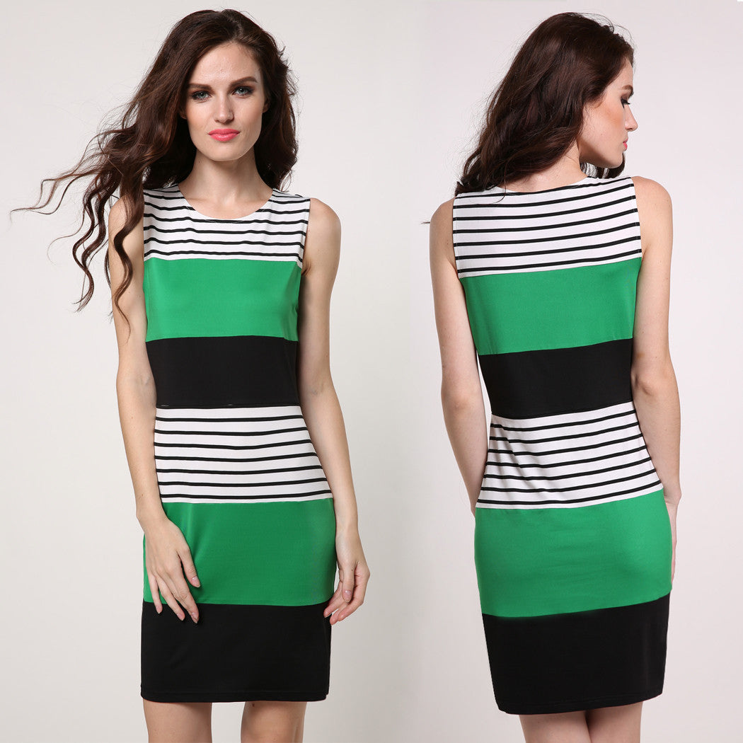 Online discount shop Australia - Fashion Bodycon Party Summer Dress Women Slim Striped Sleeveless Elegant Casual Dresses Green Patchwork Sheath