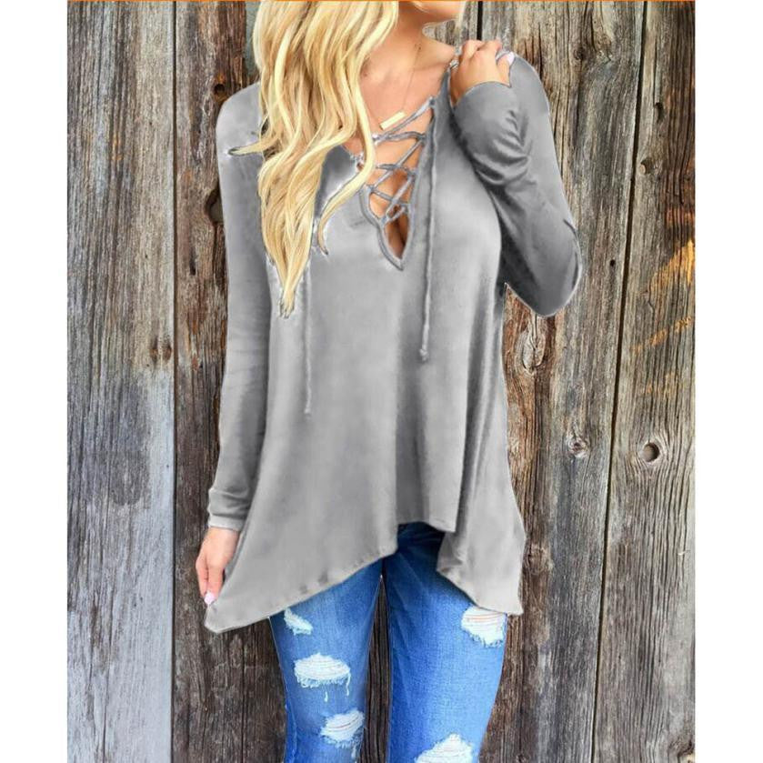 Deep V-neck Blouse Women Front Plunge Lace up Hooded Tops Women's Casual Loose Shirts Pullover Black