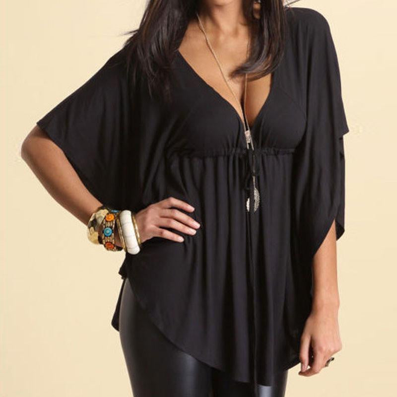 Womens Casual Loose V-neck Batwing Sleeve Tops Tee Ladies Solid Blouses Shirts Plus Size