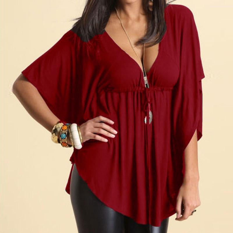 Womens Casual Loose V-neck Batwing Sleeve Tops Tee Ladies Solid Blouses Shirts Plus Size