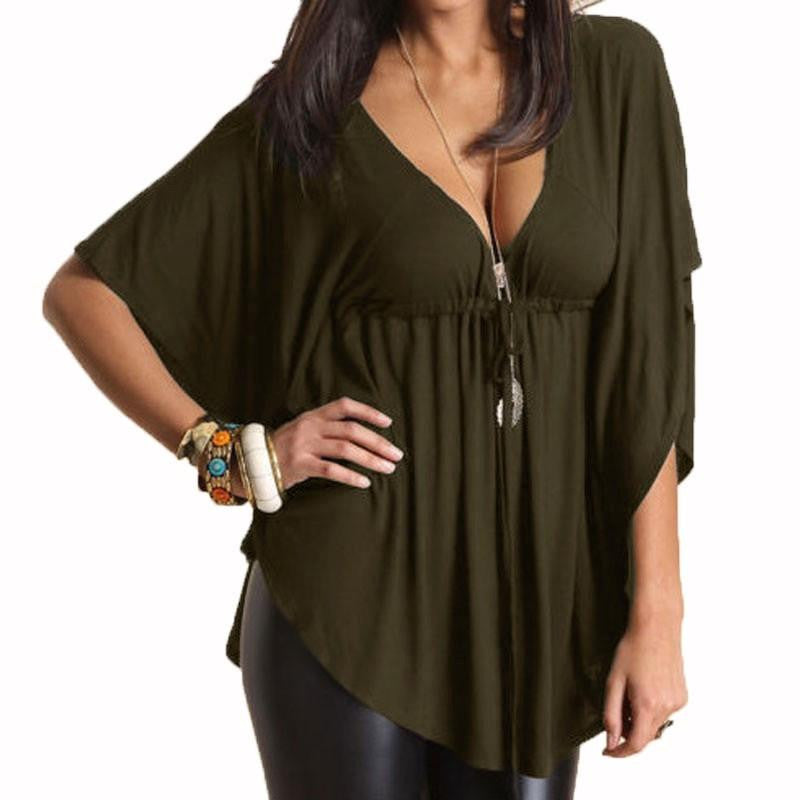 Womens Casual Loose V-neck Batwing Sleeve Tops Tee Ladies Solid Blouses Shirts Plus Size