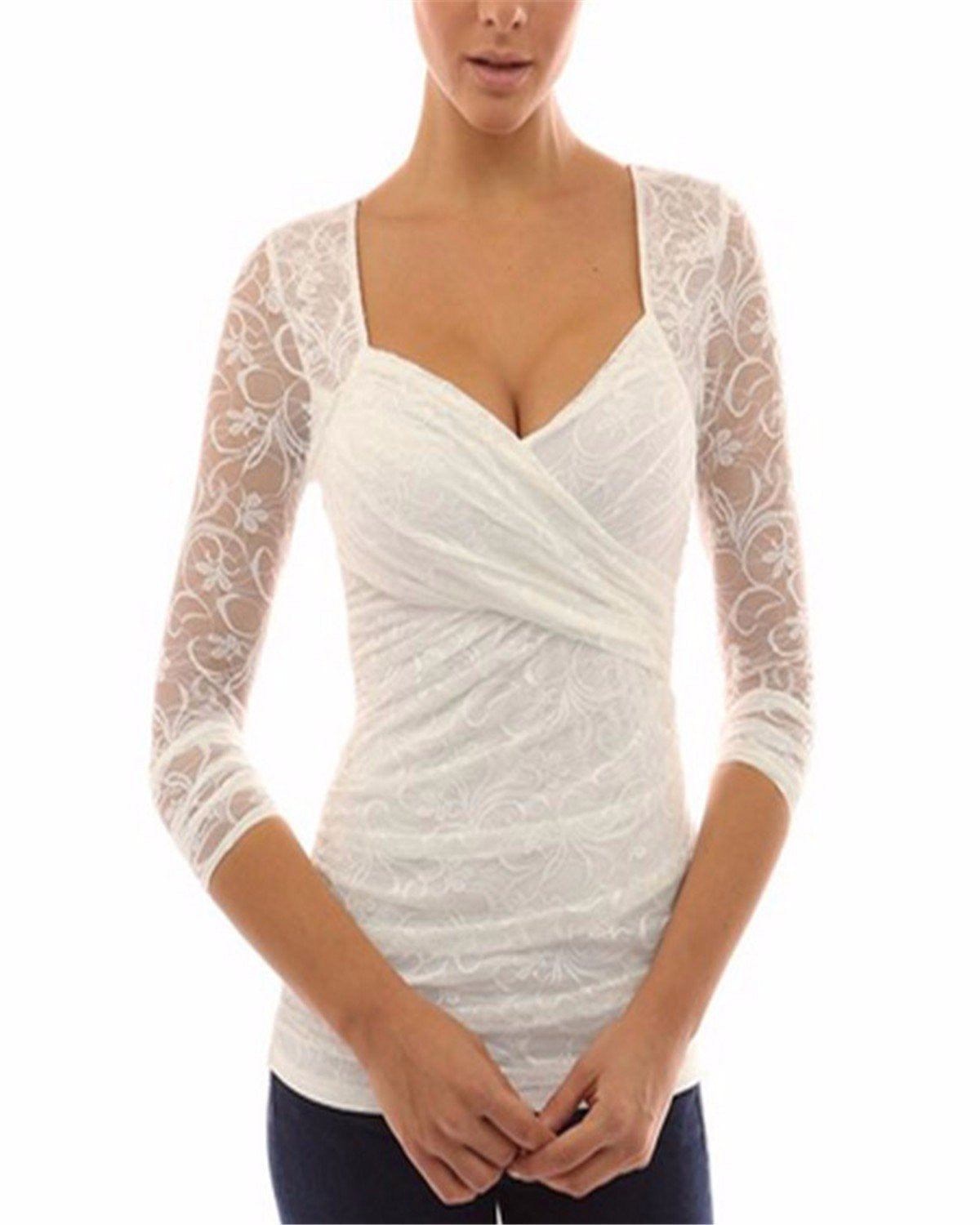 Casual Slim Tee Tops Women Elegant Long Sleeve V Neck Lace White Blouses Ladies Plus Size Solid Shirts