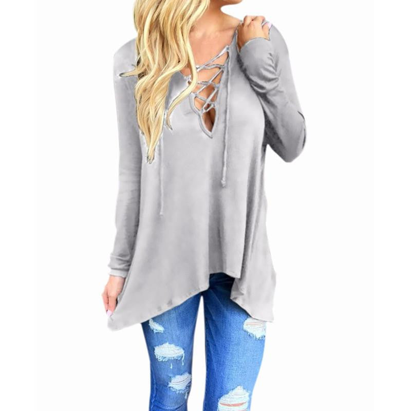 Women V Neck Irregular Blouses Shirts Ladies Casual Loose Hooded Solid Long Sleeve Tops