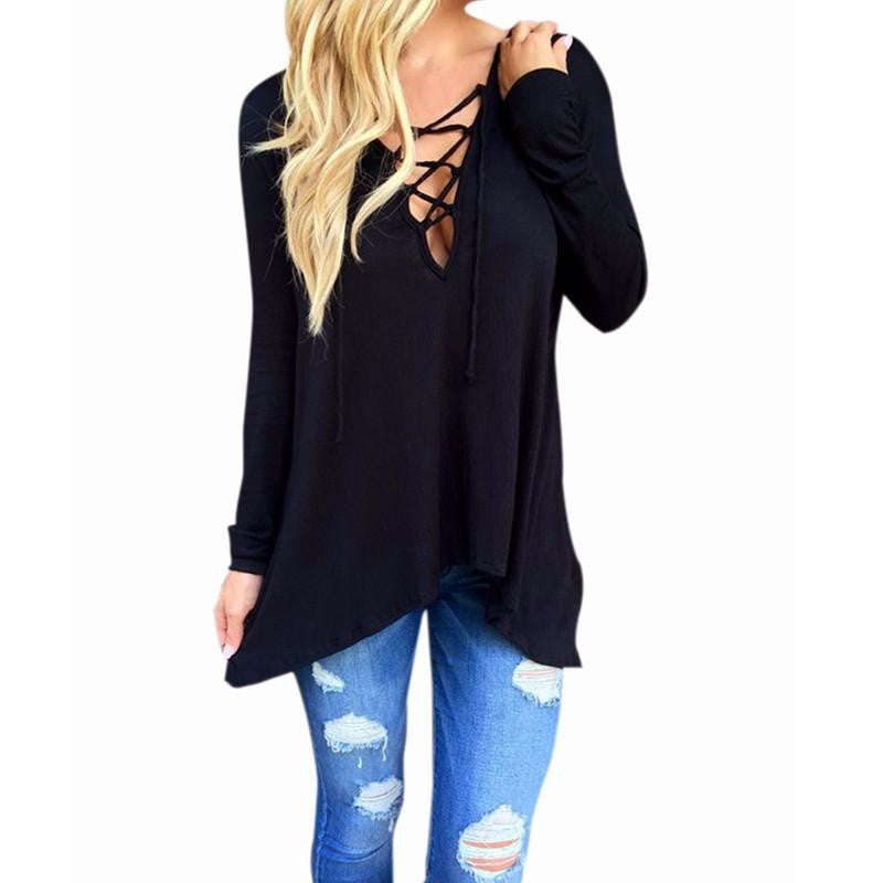 Women V Neck Irregular Blouses Shirts Ladies Casual Loose Hooded Solid Long Sleeve Tops