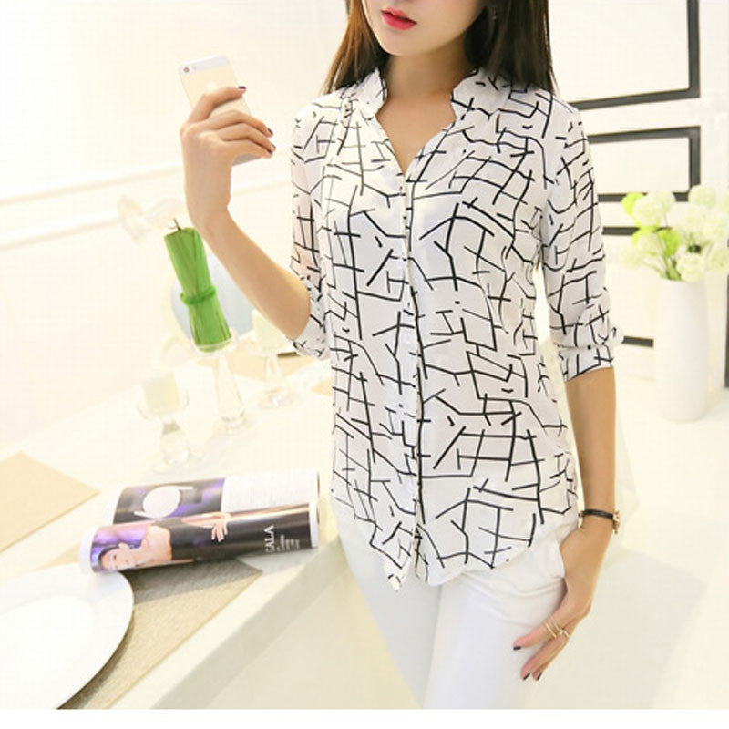 Online discount shop Australia - Elegant Lady Blouse White Fashion Women's Long Sleeve Lapel Collar Shirts Black Printed Chiffon Blouses Women Casual Tops
