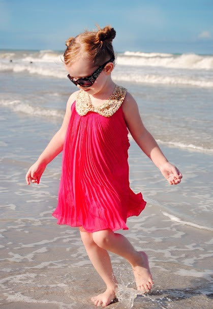 Summer Girls Pleated Chiffon One-Piece Dress With Paillette Collar Children Colthes For Kids Baby, Pink/Green - CelebritystyleFashion.com.au online clothing shop australia