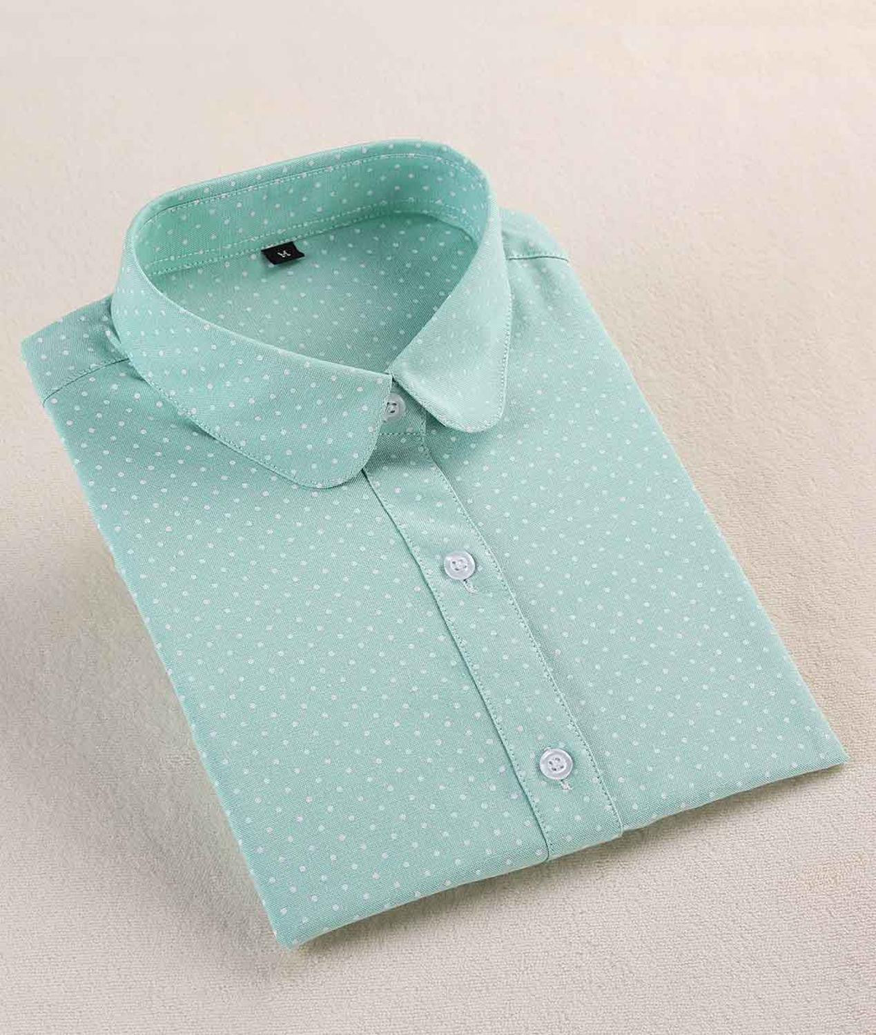 Polka Dot Green Women Blouses Long Sleeve Shirts Turn Down Collar Ladies Clothing Casual Plus Size Tops For Women